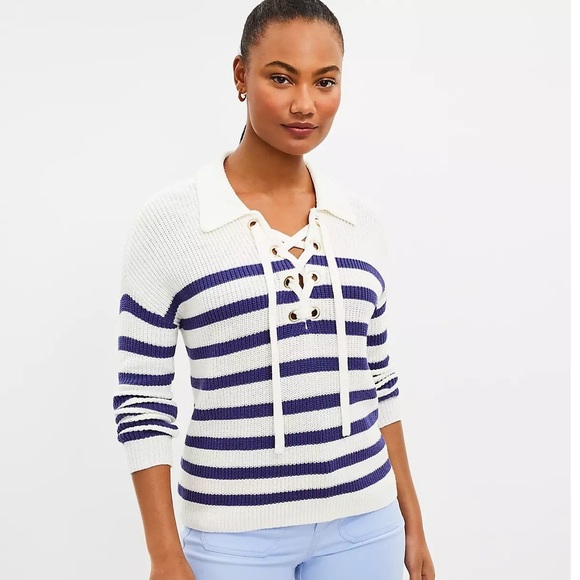 LOFT Women's Striped Sweater - Navy and White - Picture 1 of 10